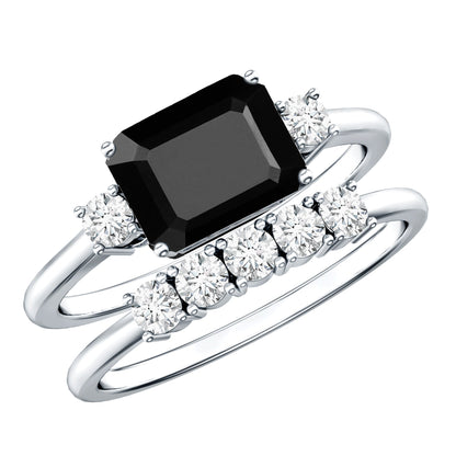 Emerald Cut Black Onyx and Diamond Wedding Ring Set