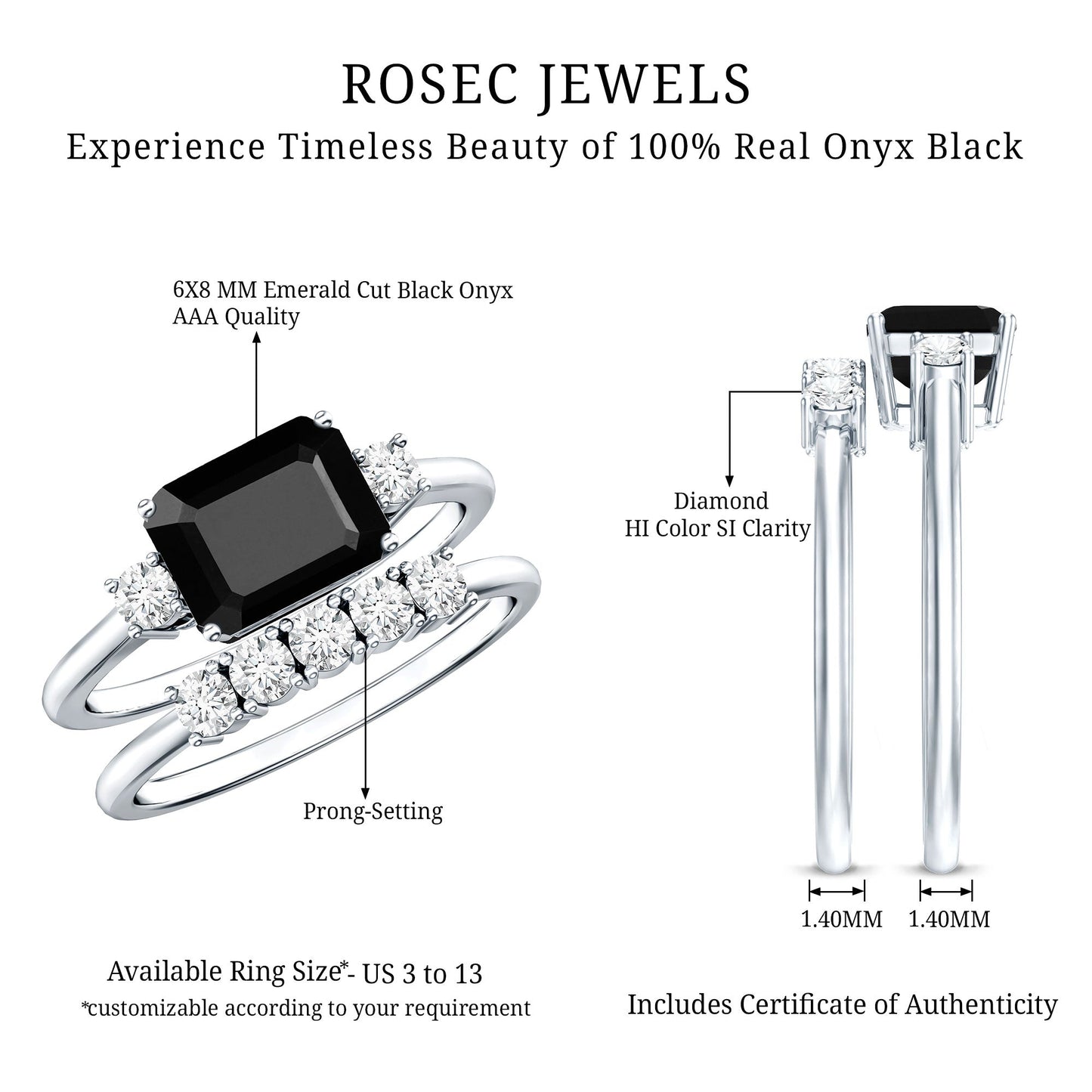 Emerald Cut Black Onyx and Diamond Wedding Ring Set