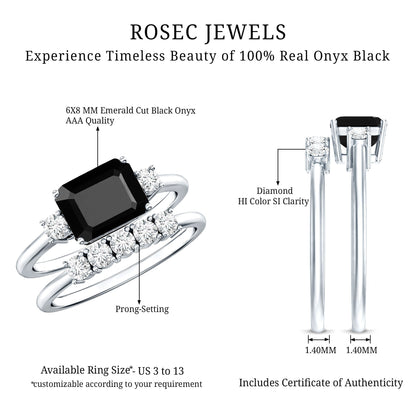 Emerald Cut Black Onyx and Diamond Wedding Ring Set
