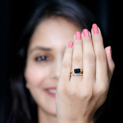 Emerald Cut Black Onyx and Diamond Wedding Ring Set