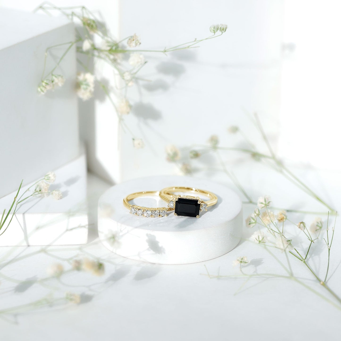 Emerald Cut Black Onyx and Diamond Wedding Ring Set