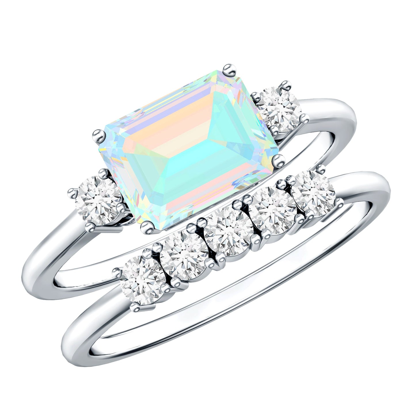 Natural Ethiopian Opal Diamond Emerald Cut Engagement Ring and Wedding Band Set