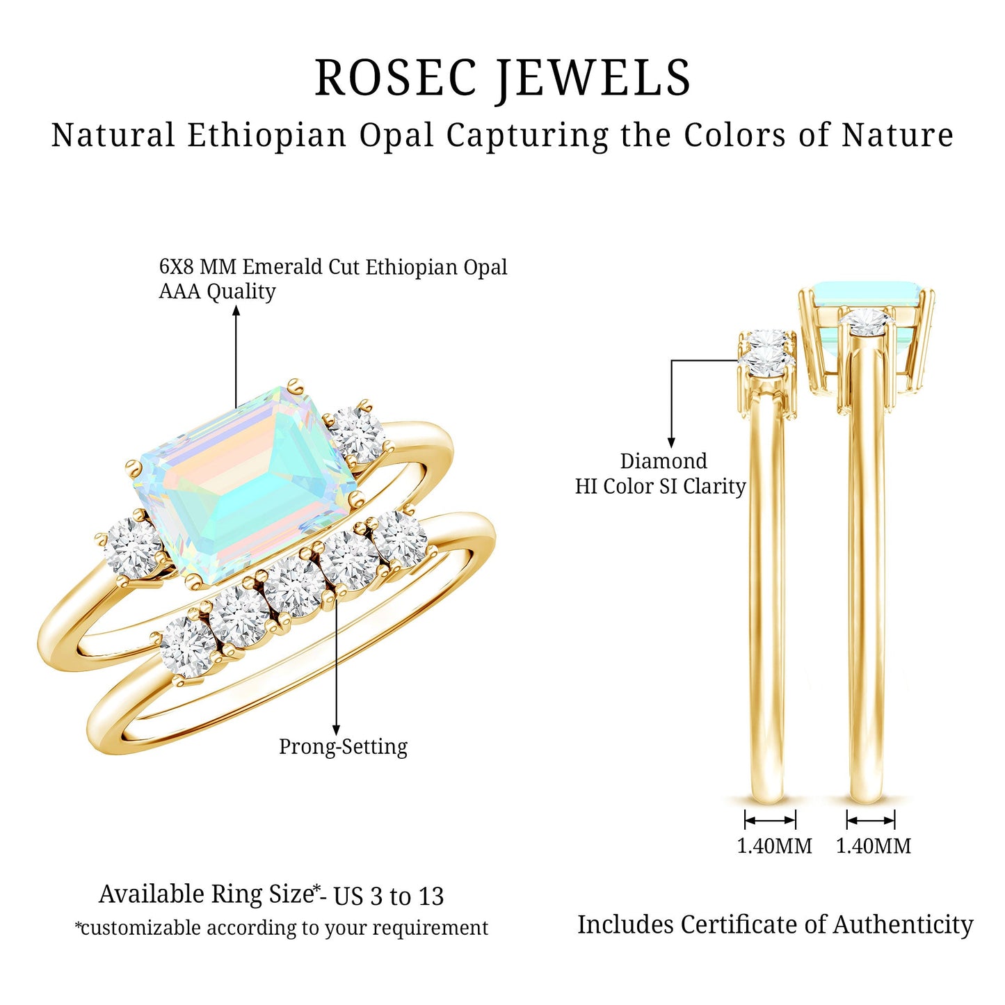 Natural Ethiopian Opal Diamond Emerald Cut Engagement Ring and Wedding Band Set