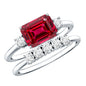 East West Set Emerald Cut Lab Ruby Engagement Ring with Diamond Wedding Band
