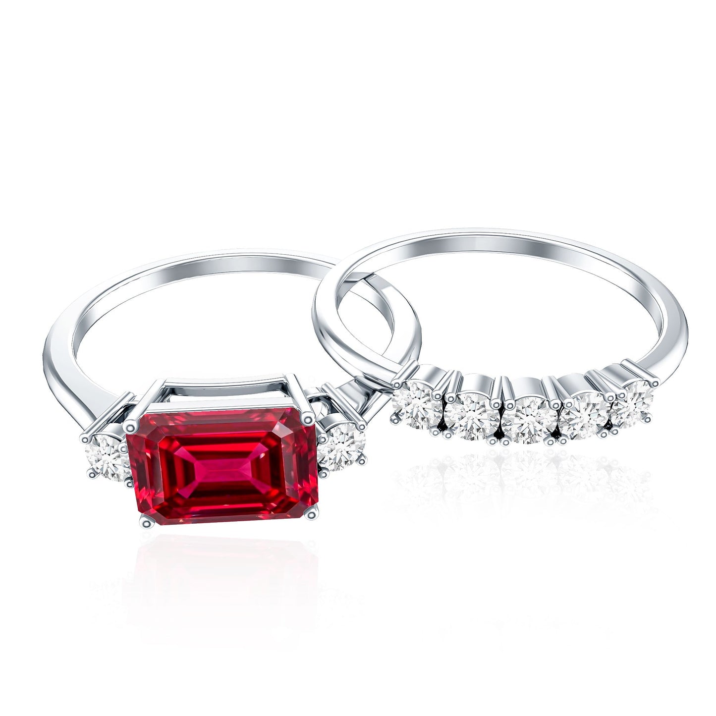 East West Set Emerald Cut Lab Ruby Engagement Ring with Diamond Wedding Band