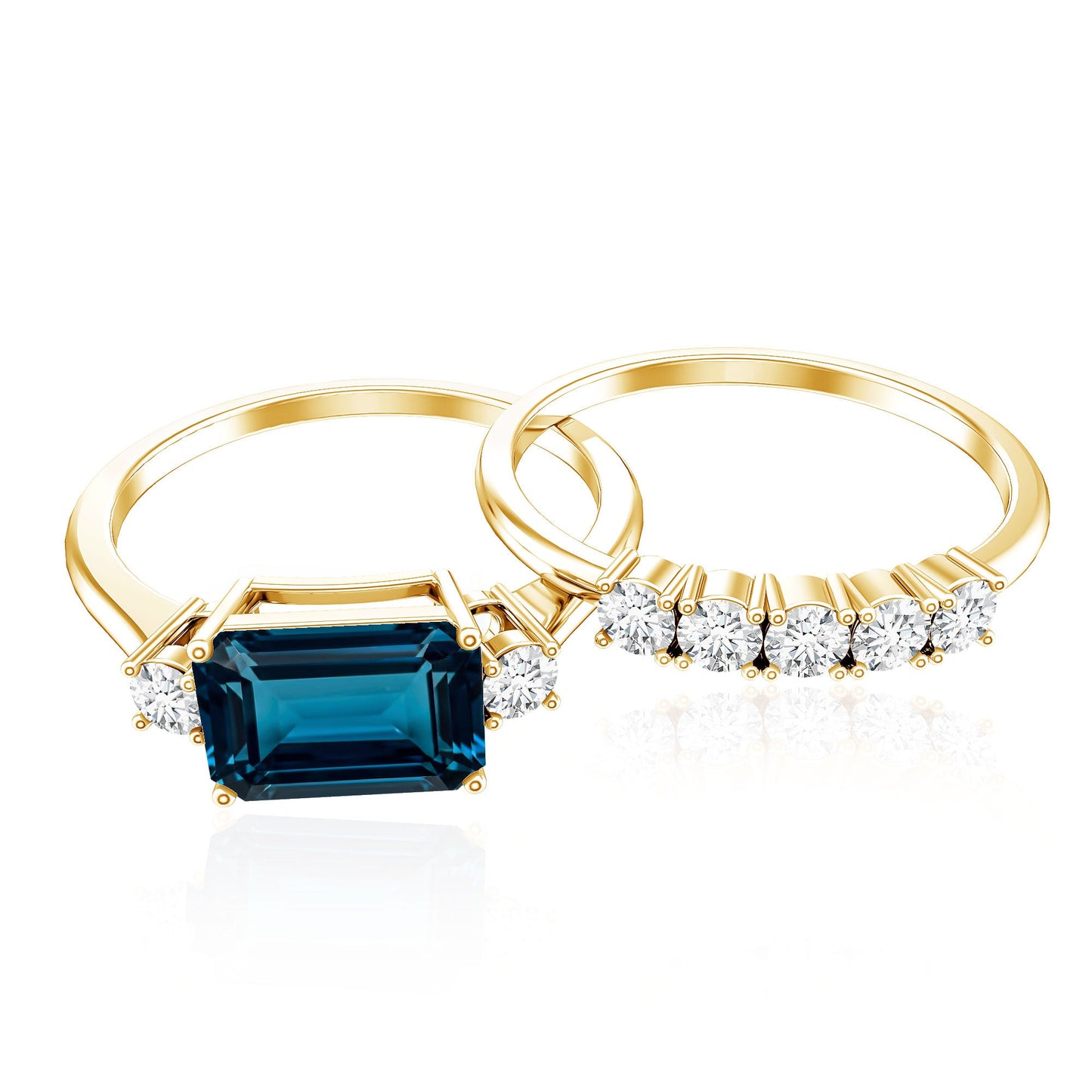 Genuine Emerald Cut London Blue Topaz Engagement Ring with Diamond Wedding Band