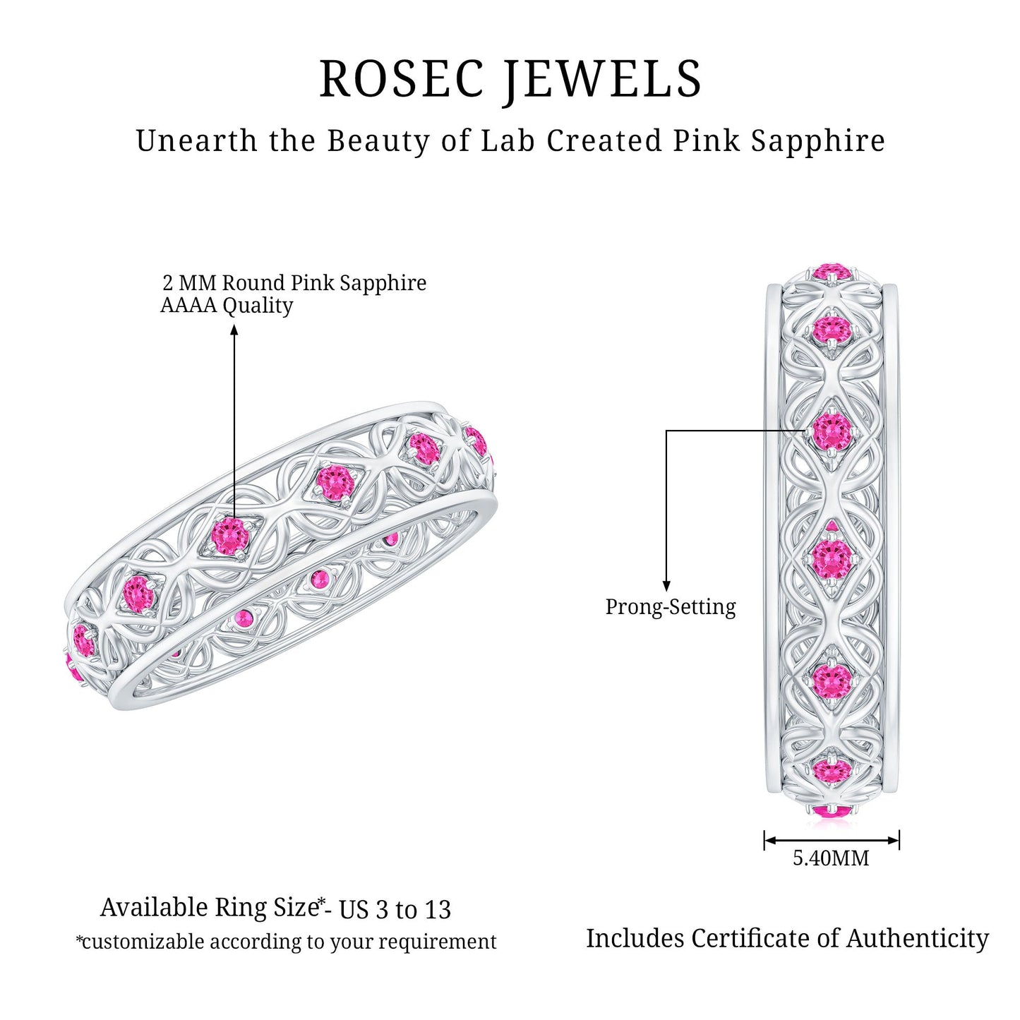 Lab Created Pink Sapphire Wedding Band with Celtic Details