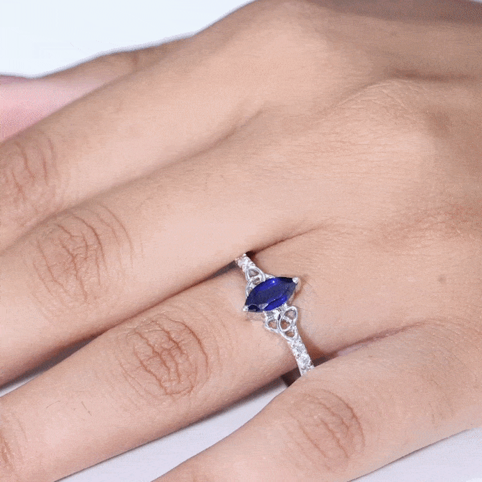 Certified 0.7 Carat Lab Grown Blue Sapphire Diamond Marquise Engagement Ring with Celtic Knot