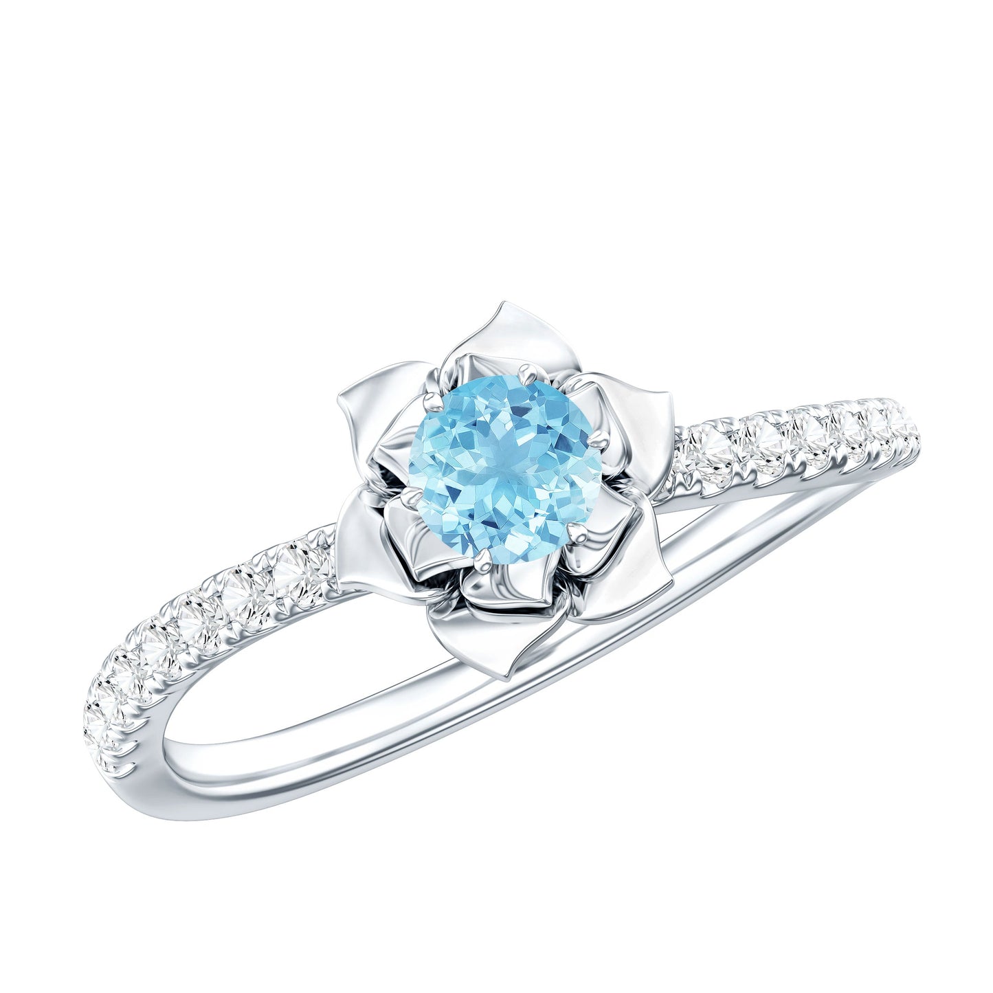 Floral Inspired Aquamarine Rose Engagement Ring with Diamond