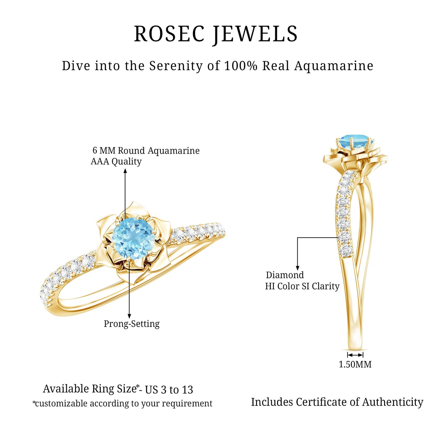 Floral Inspired Aquamarine Rose Engagement Ring with Diamond