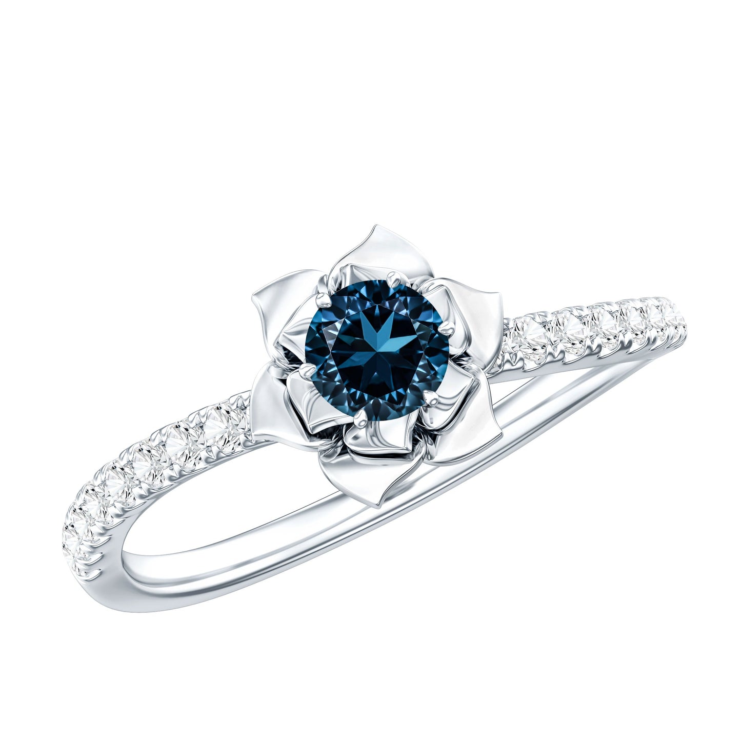 0.6 Carat Round London Blue Topaz Floral Engagement Ring with Diamond