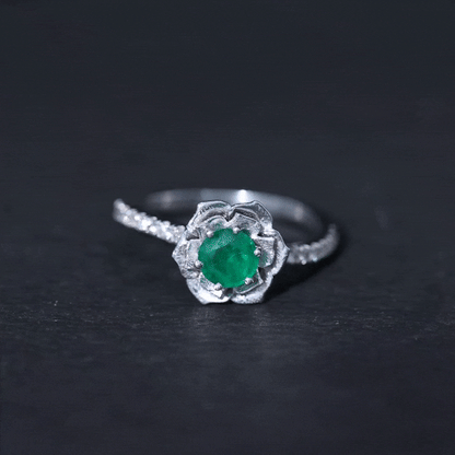 Genuine Emerald Flower Engagement Ring with Diamond