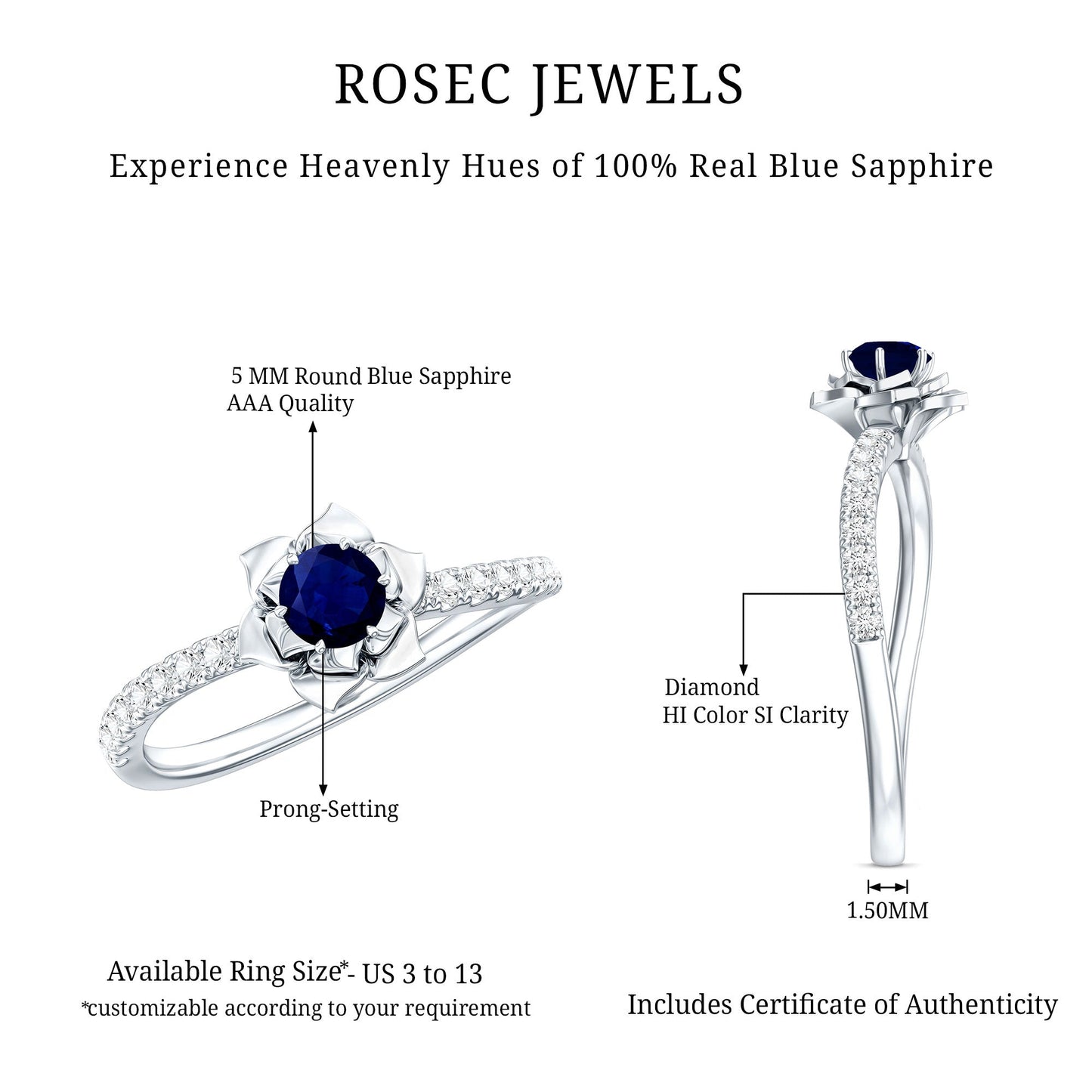 Real 0.9 Carat Blue Sapphire Rose Flower Engagement Ring with Diamond