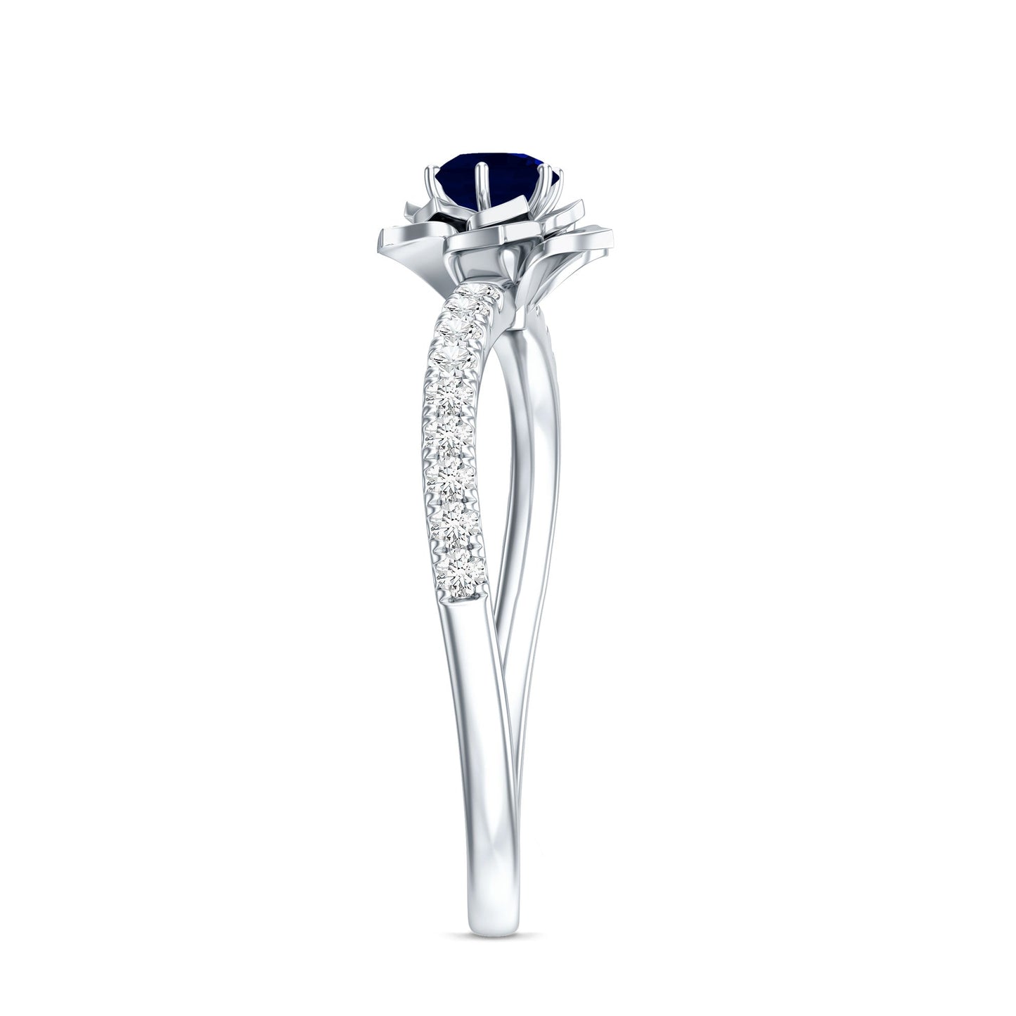 Real 0.9 Carat Blue Sapphire Rose Flower Engagement Ring with Diamond