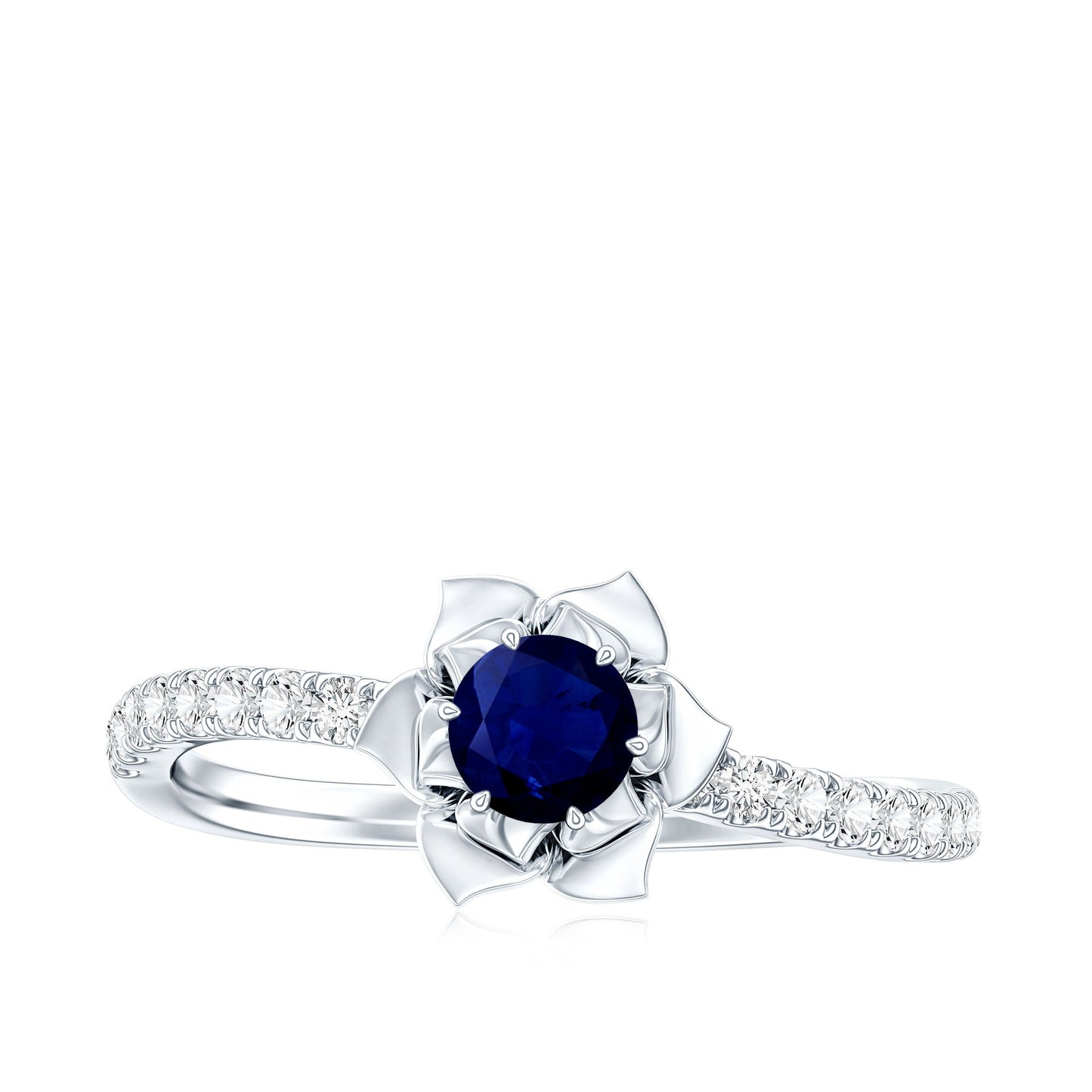 Real 0.9 Carat Blue Sapphire Rose Flower Engagement Ring with Diamond