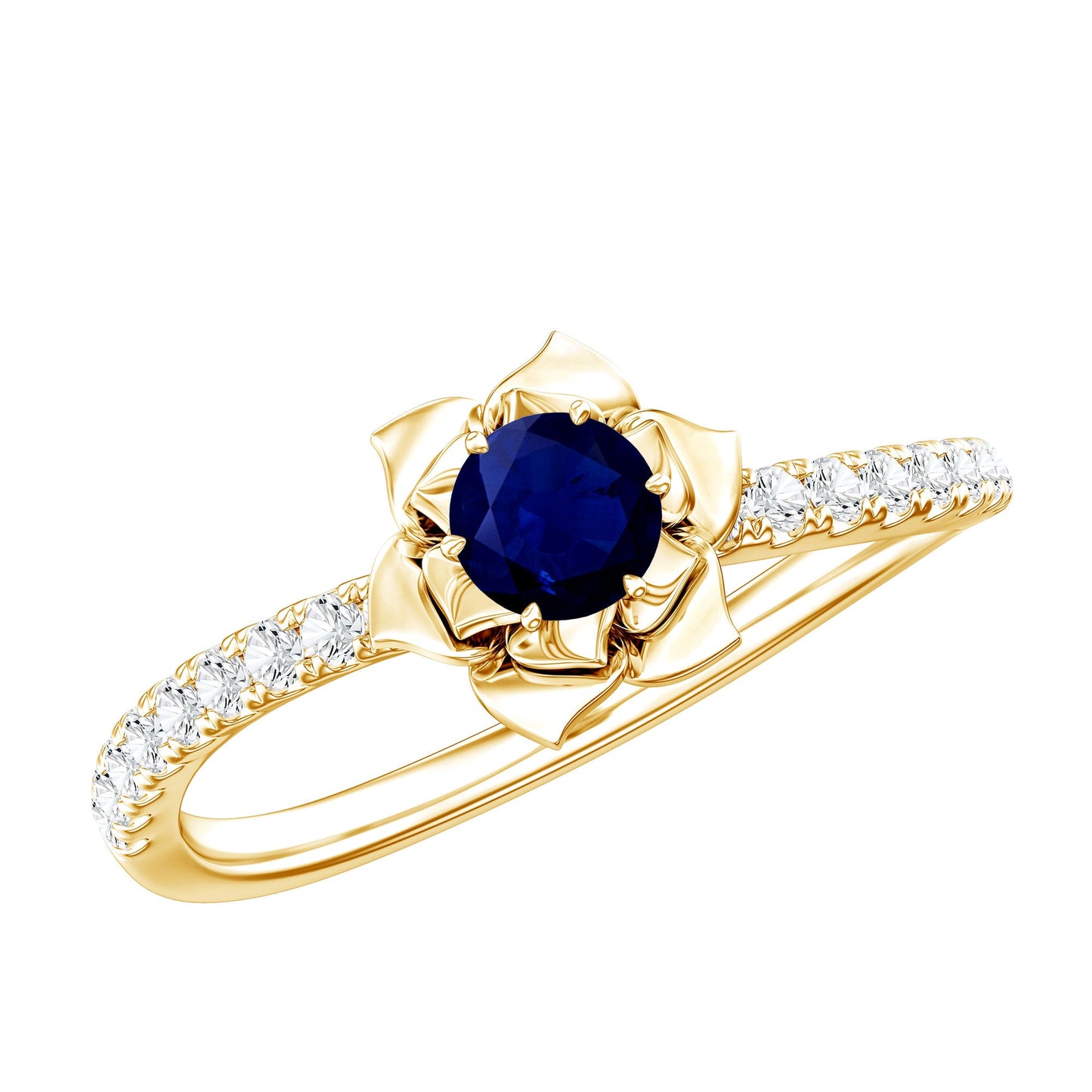 Real 0.9 Carat Blue Sapphire Rose Flower Engagement Ring with Diamond
