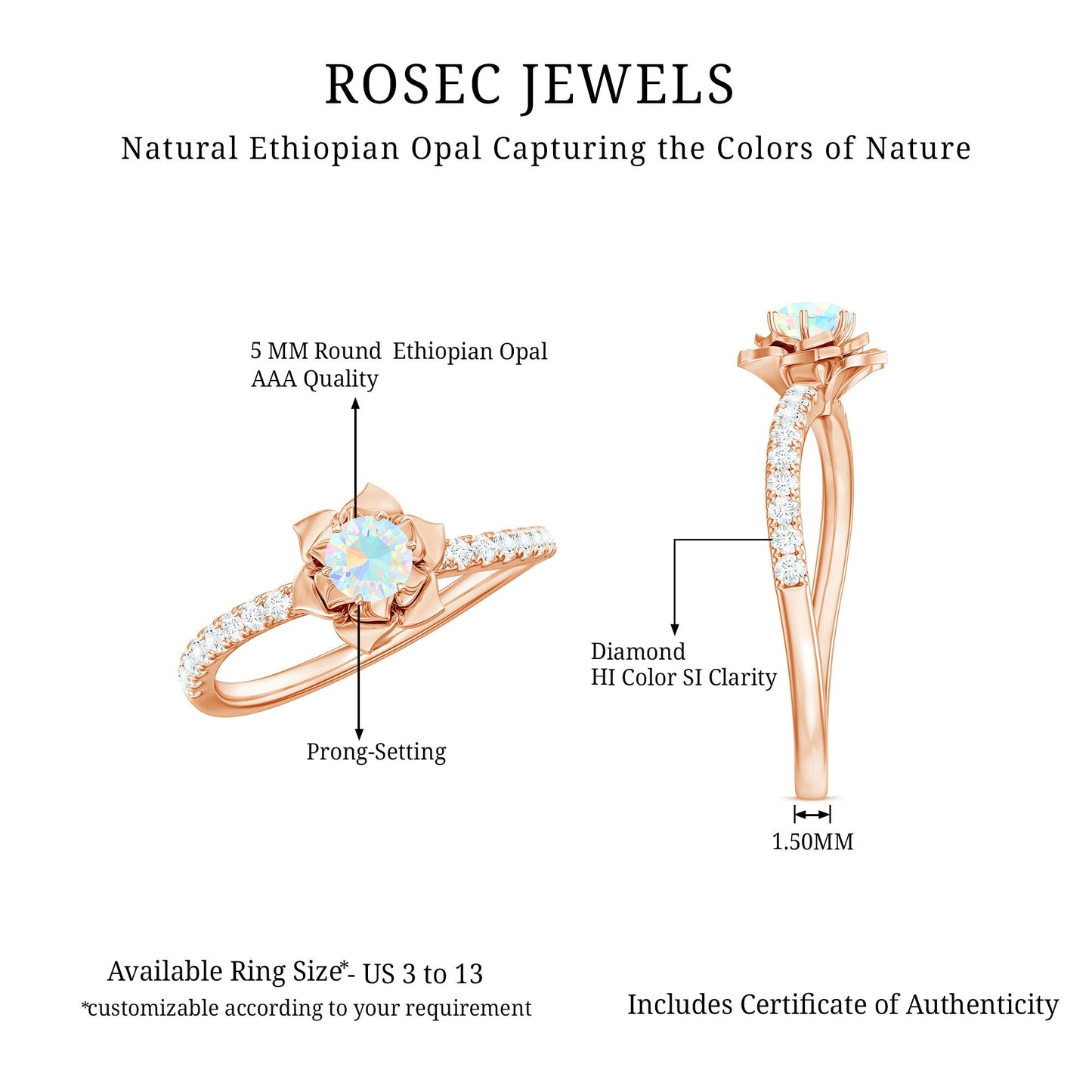 Natural Ethiopian Opal Floral Engagement Ring with Diamond Side Stones