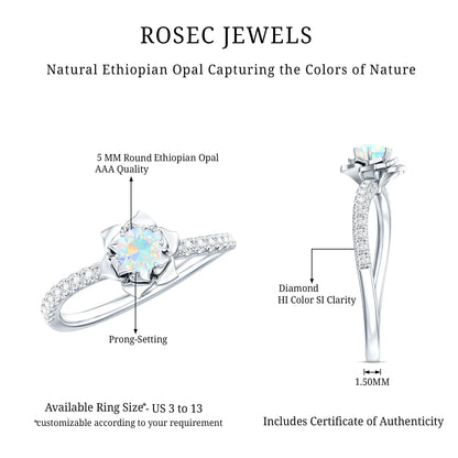 Natural Ethiopian Opal Floral Engagement Ring with Diamond Side Stones