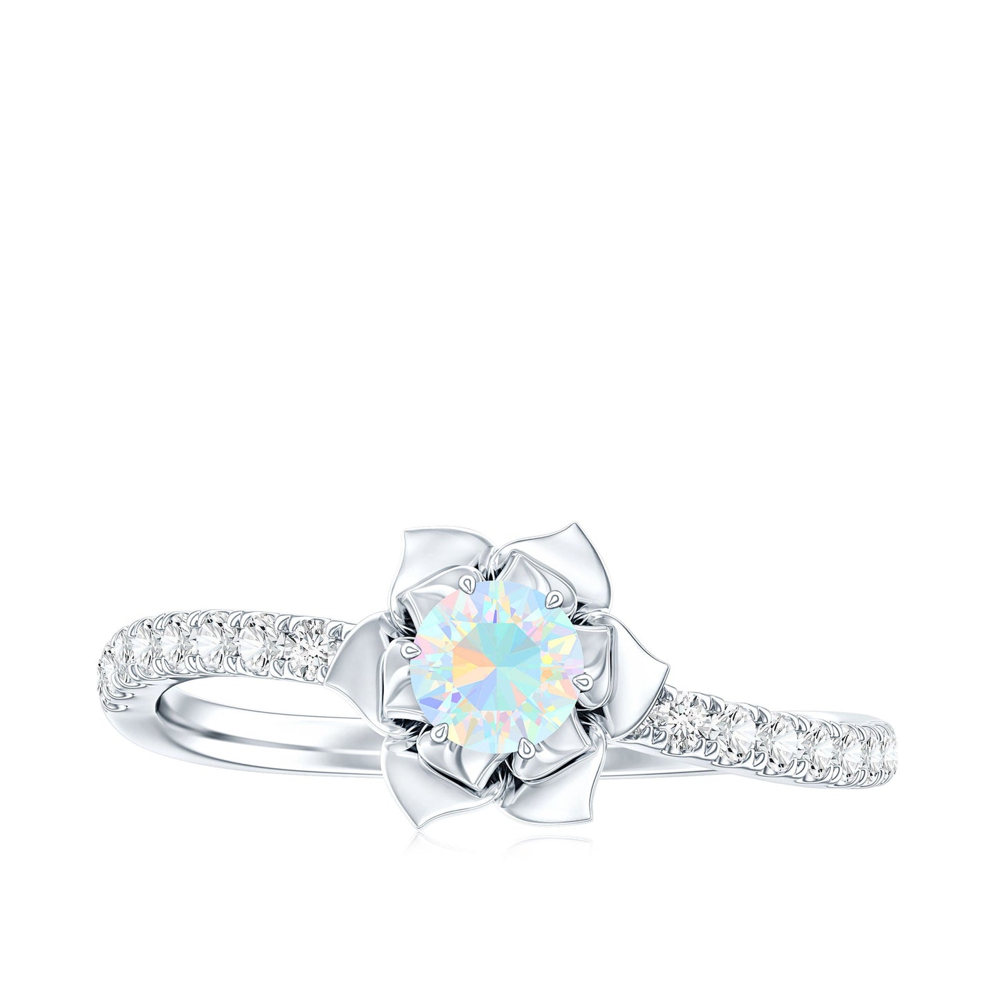 Natural Ethiopian Opal Floral Engagement Ring with Diamond Side Stones