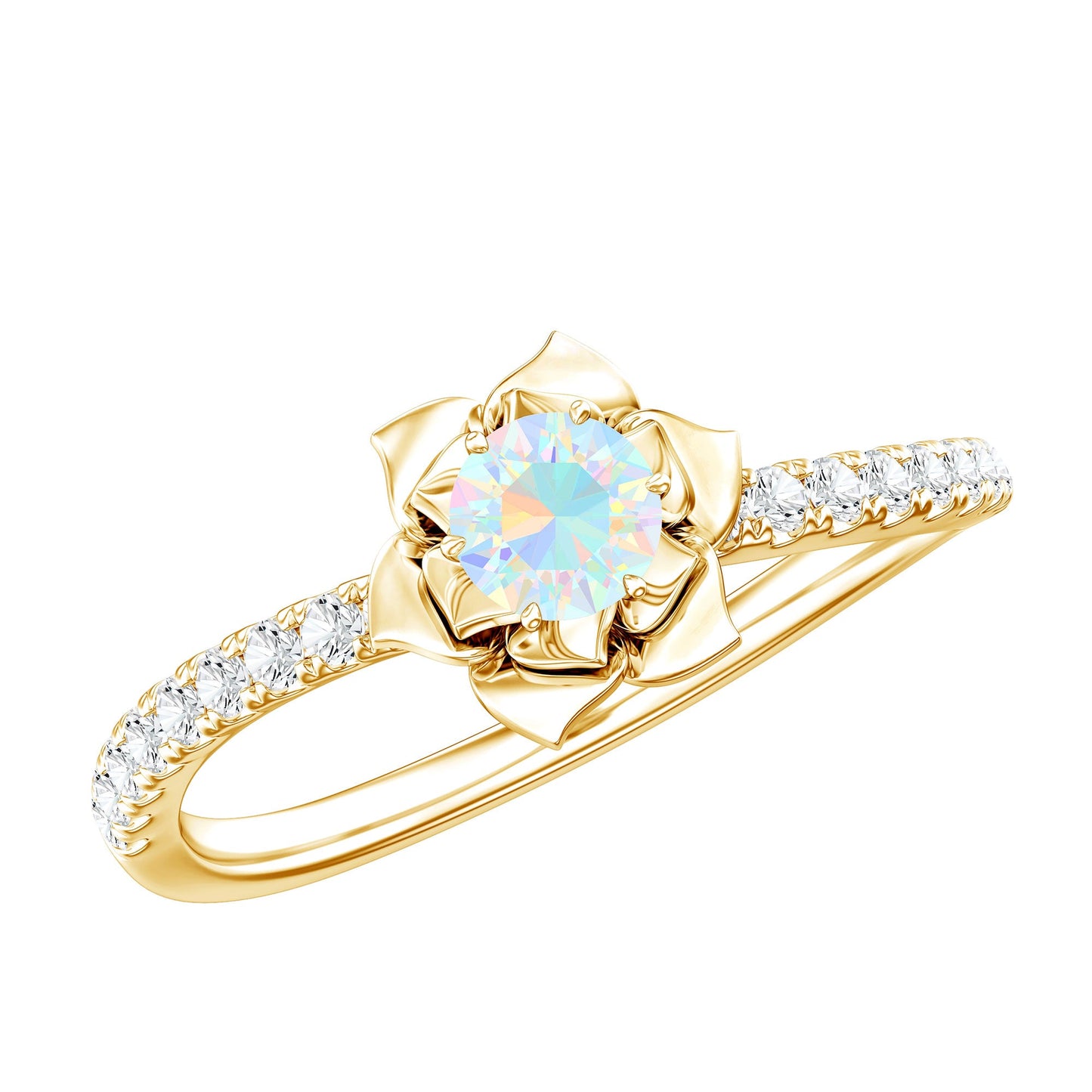 Natural Ethiopian Opal Floral Engagement Ring with Diamond Side Stones