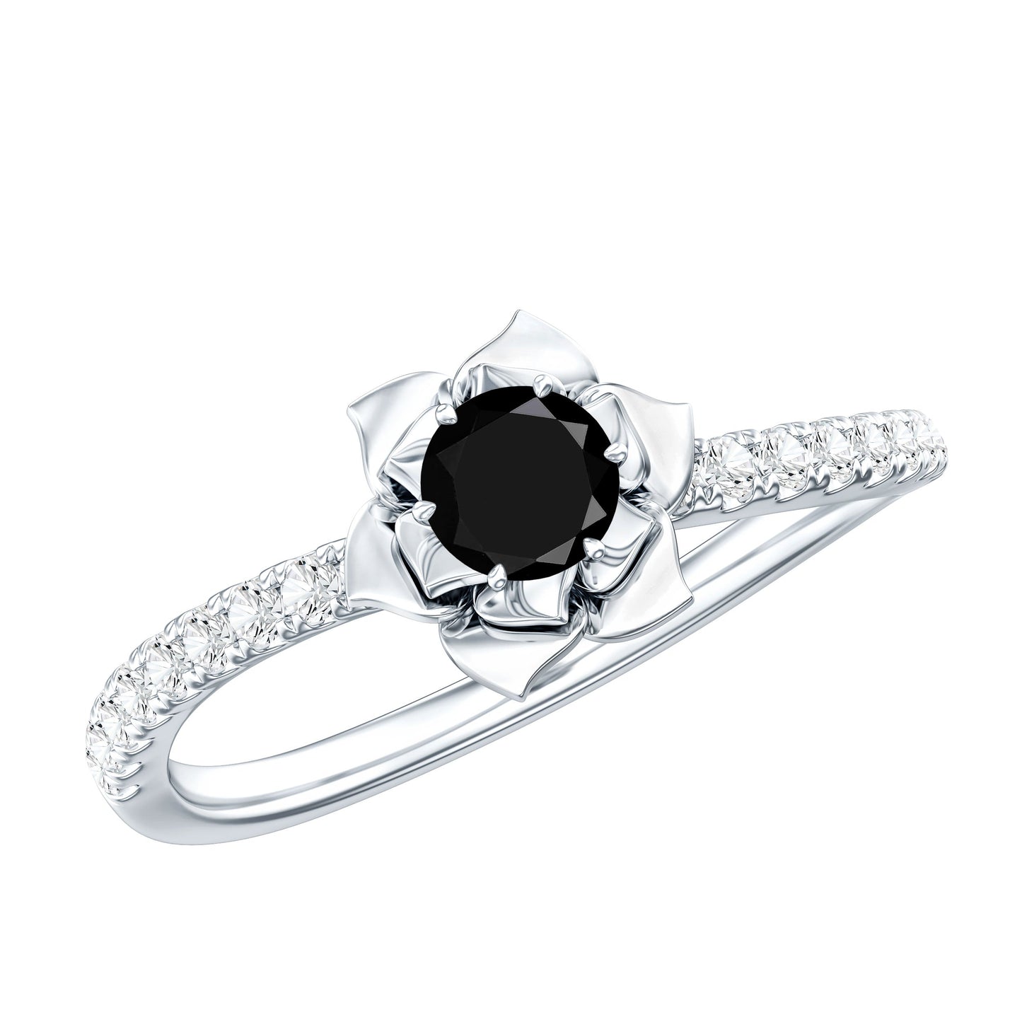 Certified Real Black Spinel Flower Engagement Ring with Diamond