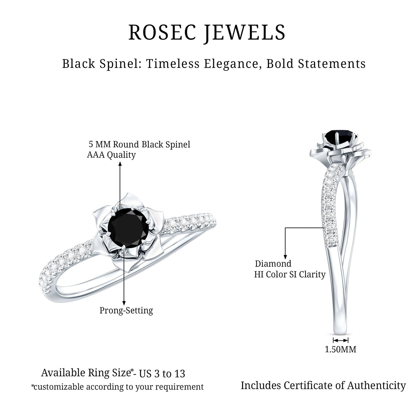 Certified Real Black Spinel Flower Engagement Ring with Diamond