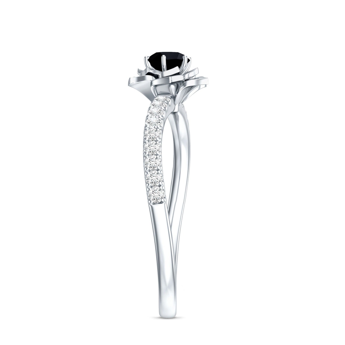 Certified Real Black Spinel Flower Engagement Ring with Diamond