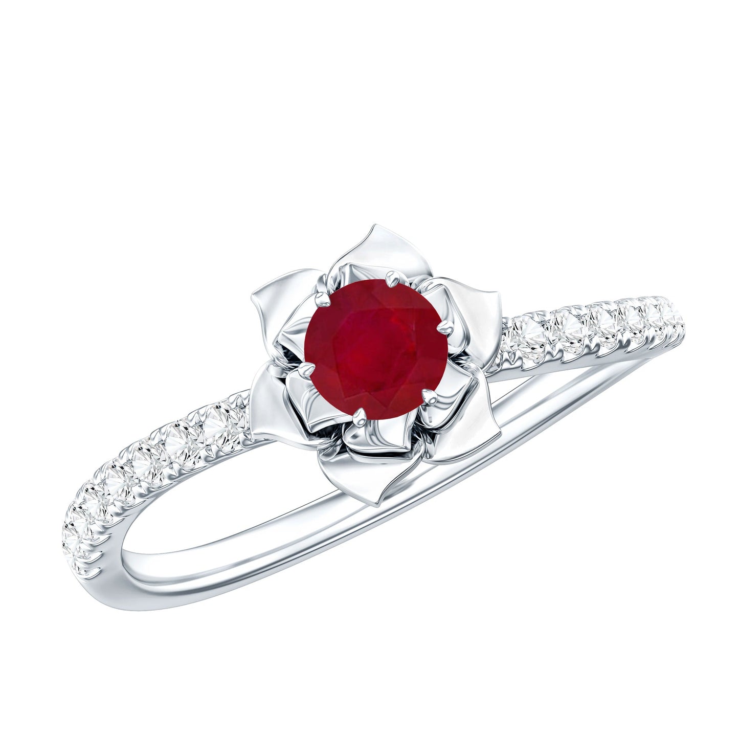 Natural 0.6 Carat Ruby Flower Engagement Ring with Diamond