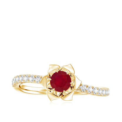 Natural 0.6 Carat Ruby Flower Engagement Ring with Diamond