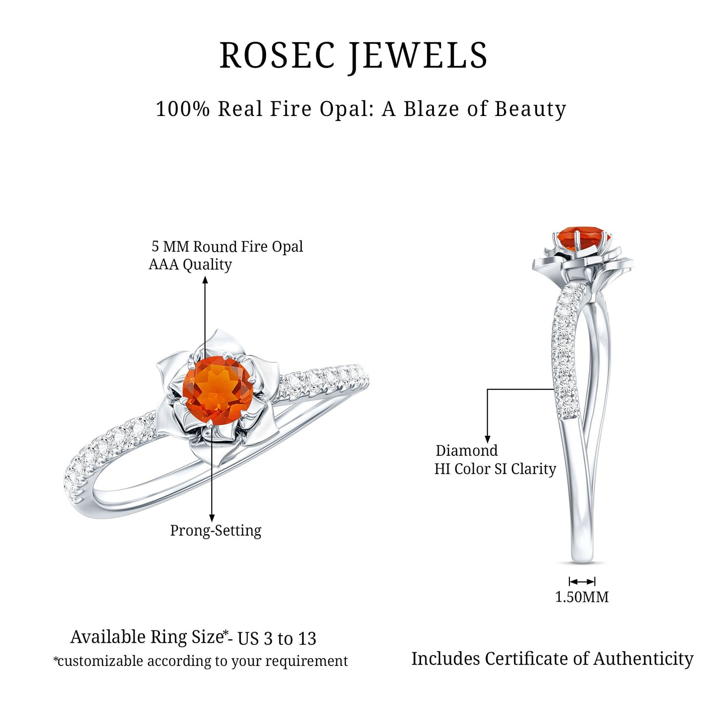 0.45 Carat Fire Opal Flower Engagement Ring with Diamond