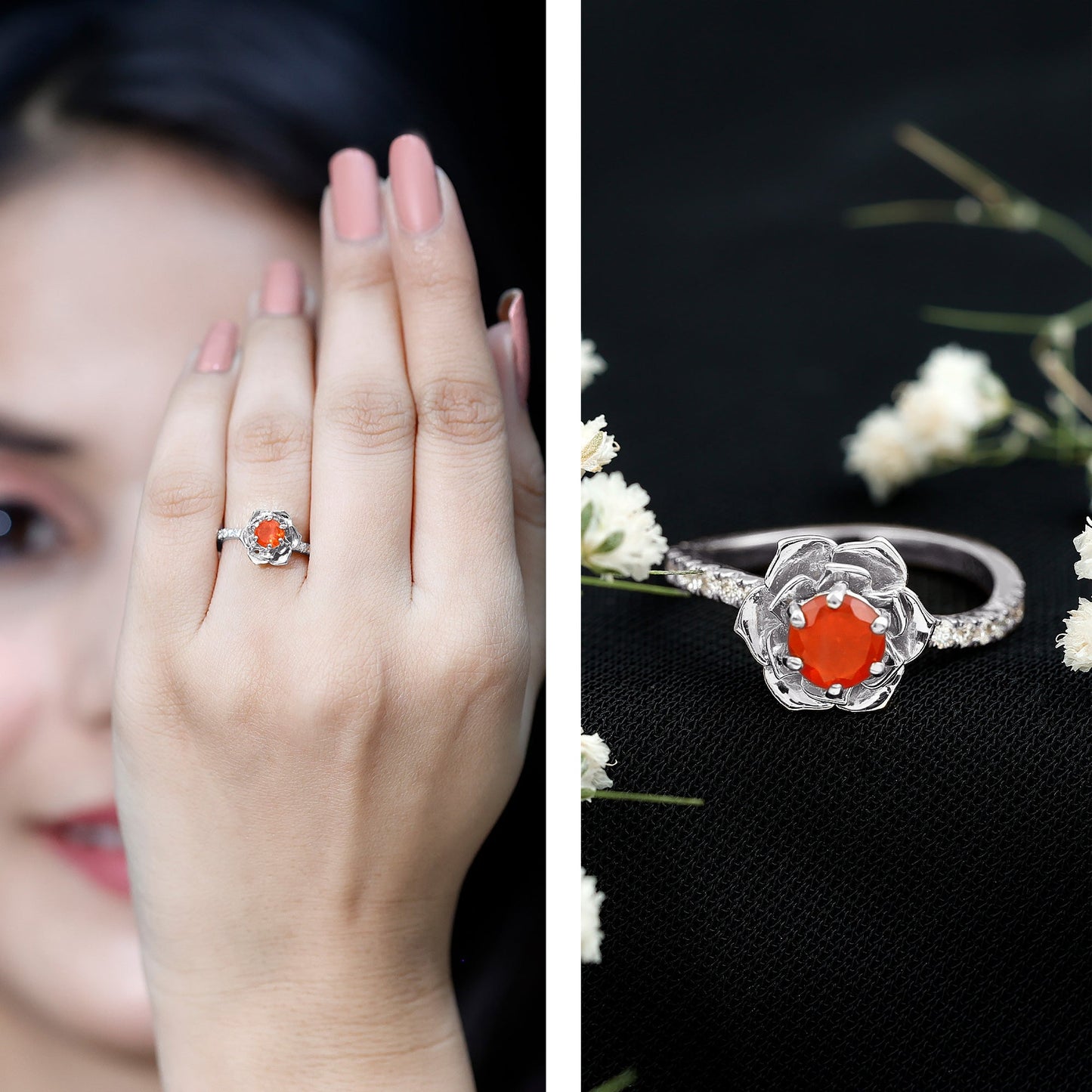 0.45 Carat Fire Opal Flower Engagement Ring with Diamond