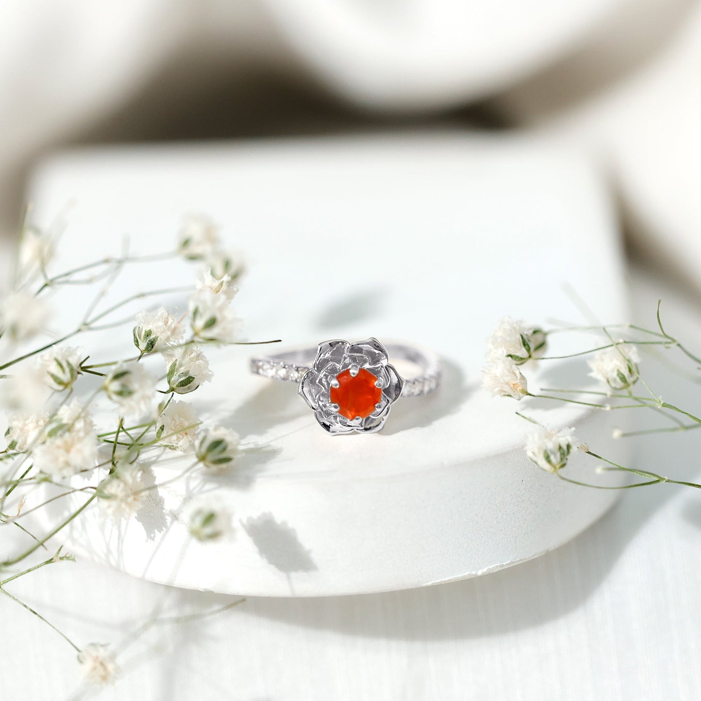 0.45 Carat Fire Opal Flower Engagement Ring with Diamond