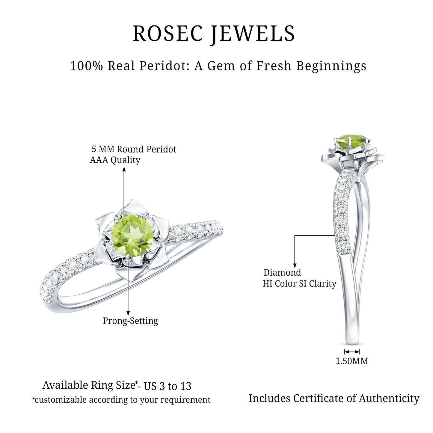 Nature Inspired Half Carat Peridot Flower Engagement Ring with Diamond