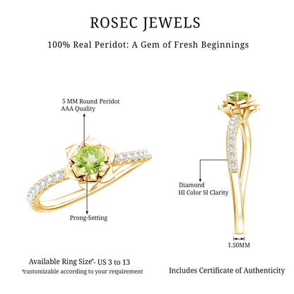 Nature Inspired Half Carat Peridot Flower Engagement Ring with Diamond