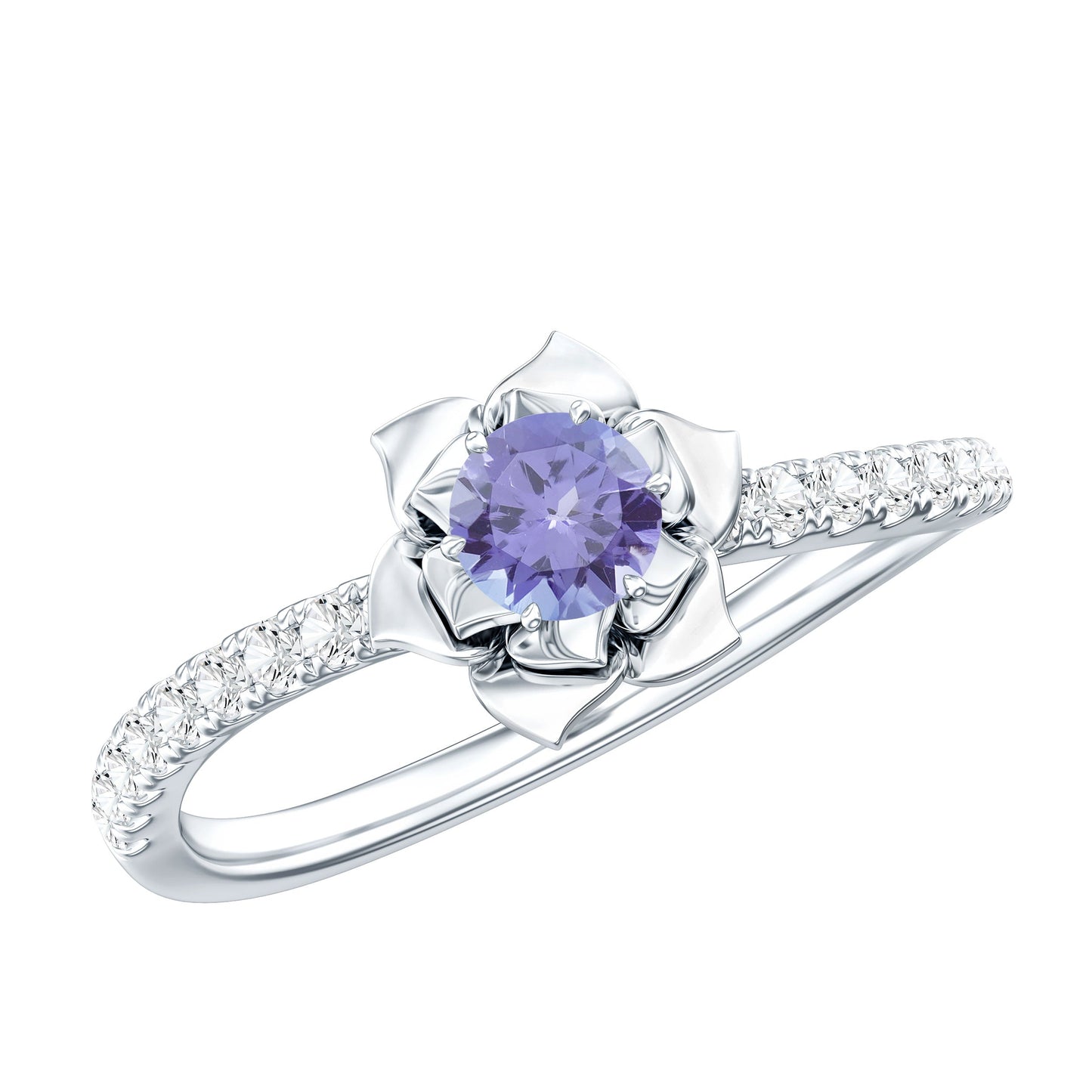 Genuine Tanzanite Rose Flower Engagement Ring with Diamond Curved Shank