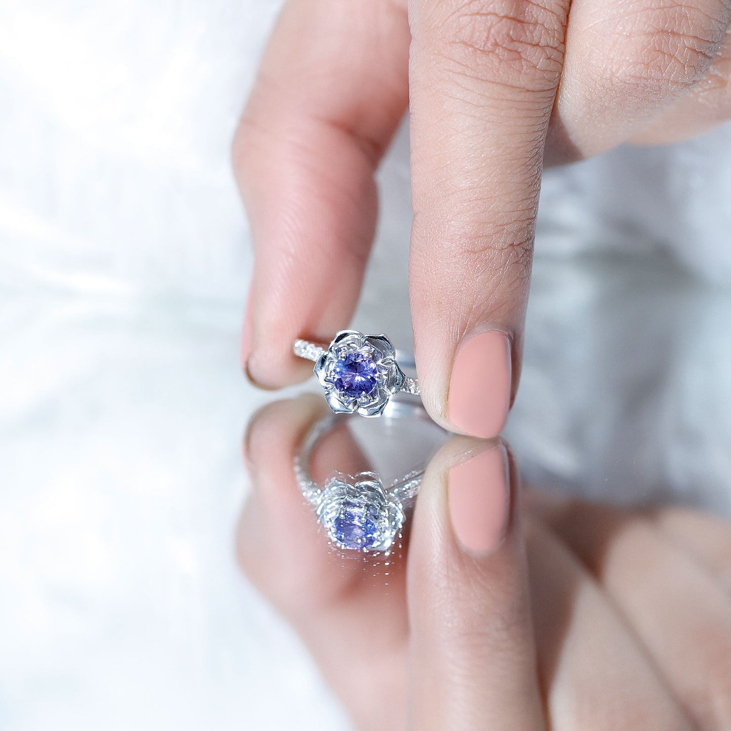 Genuine Tanzanite Rose Flower Engagement Ring with Diamond Curved Shank