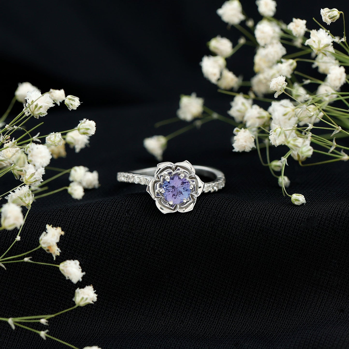 Genuine Tanzanite Rose Flower Engagement Ring with Diamond Curved Shank