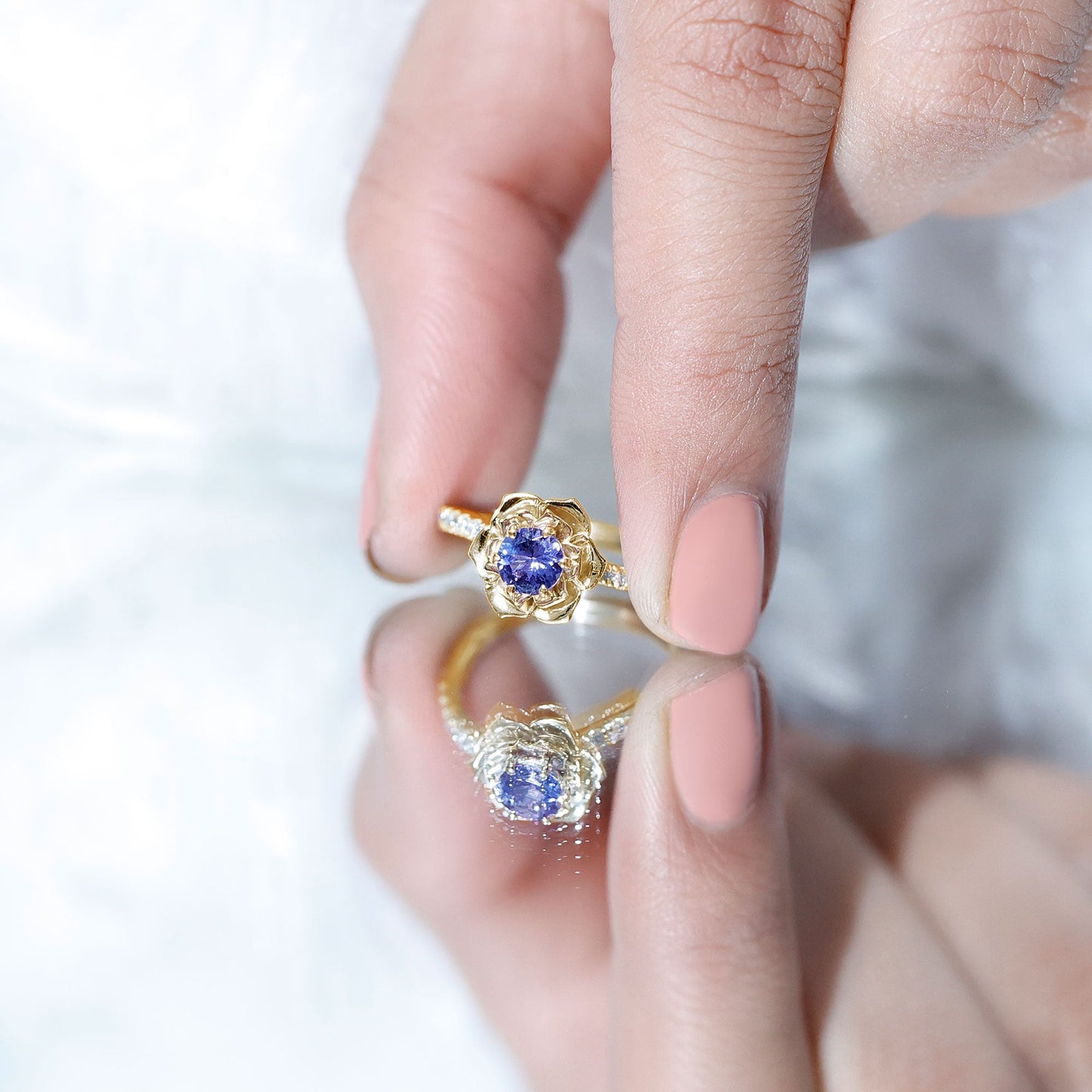 Genuine Tanzanite Rose Flower Engagement Ring with Diamond Curved Shank