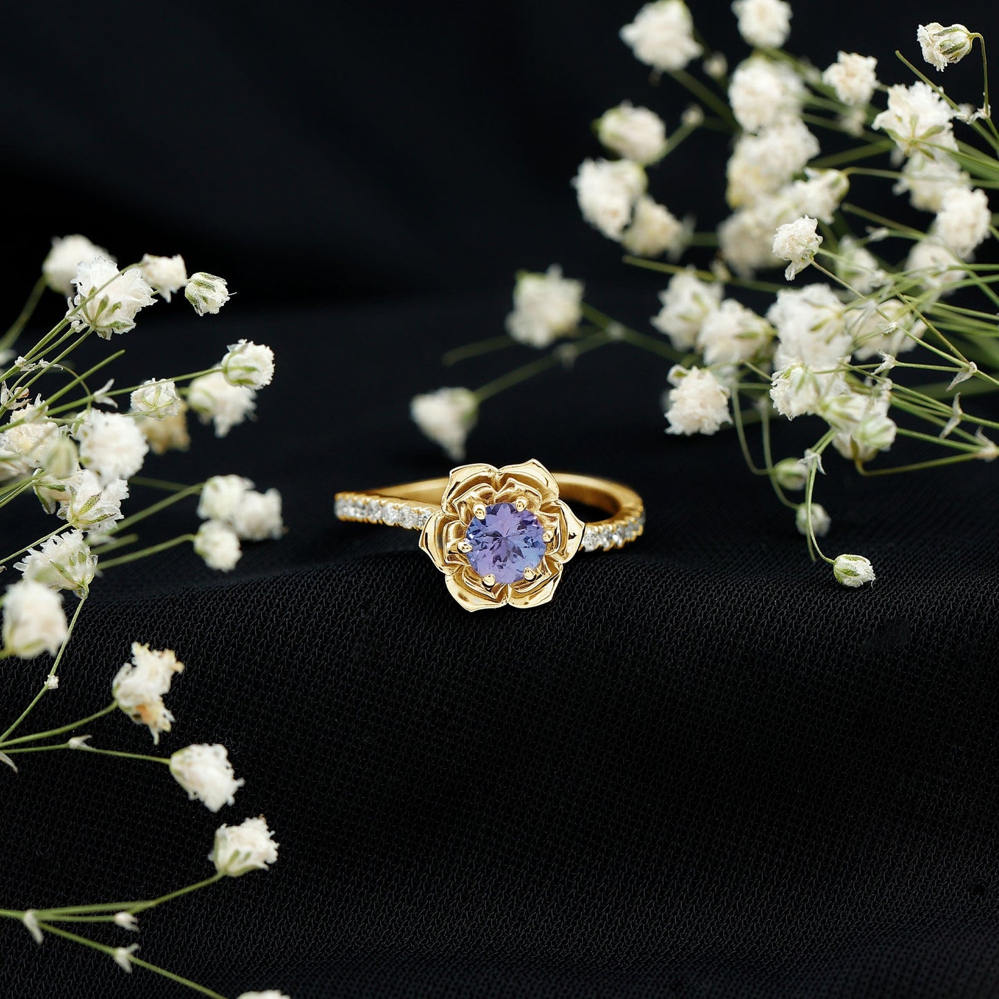 Genuine Tanzanite Rose Flower Engagement Ring with Diamond Curved Shank