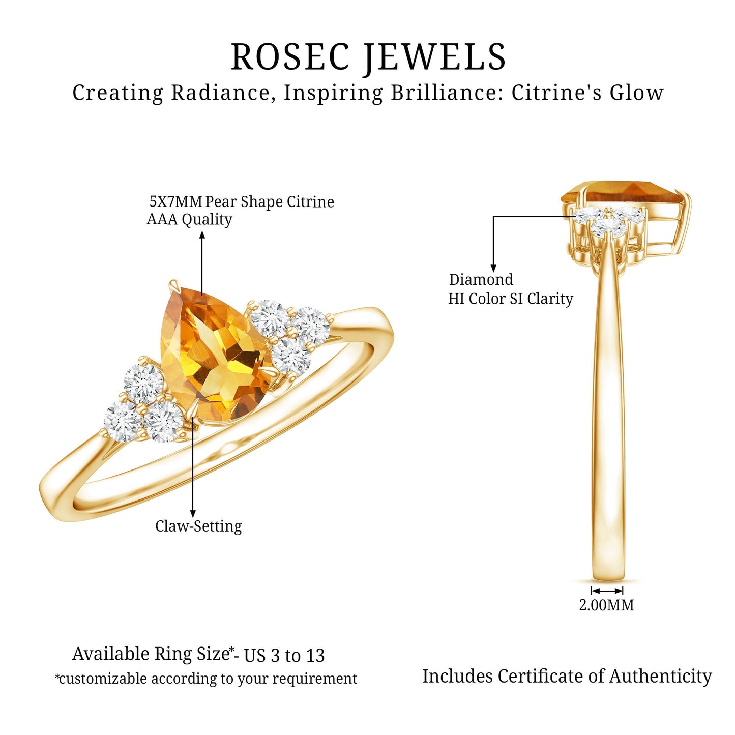 Classic Citrine Teardrop Engagement Ring with Diamond Trio