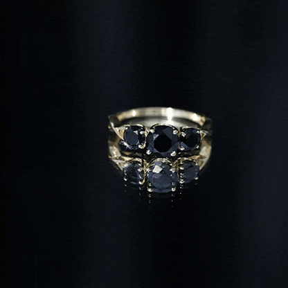 Genuine Black Onyx Three Stone Engagement Ring with Crossover Band