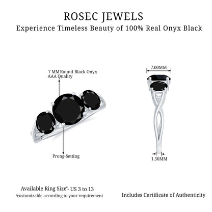 Genuine Black Onyx Three Stone Engagement Ring with Crossover Band