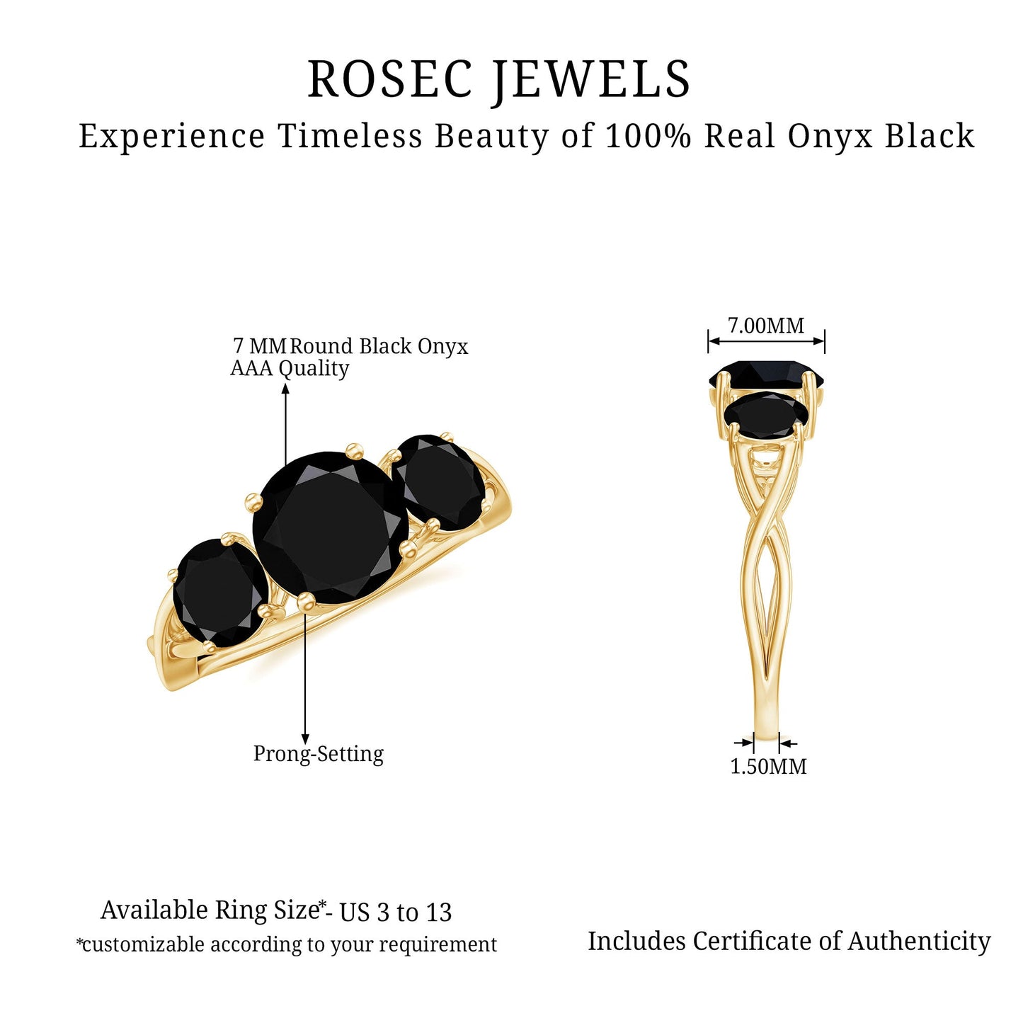 Genuine Black Onyx Three Stone Engagement Ring with Crossover Band