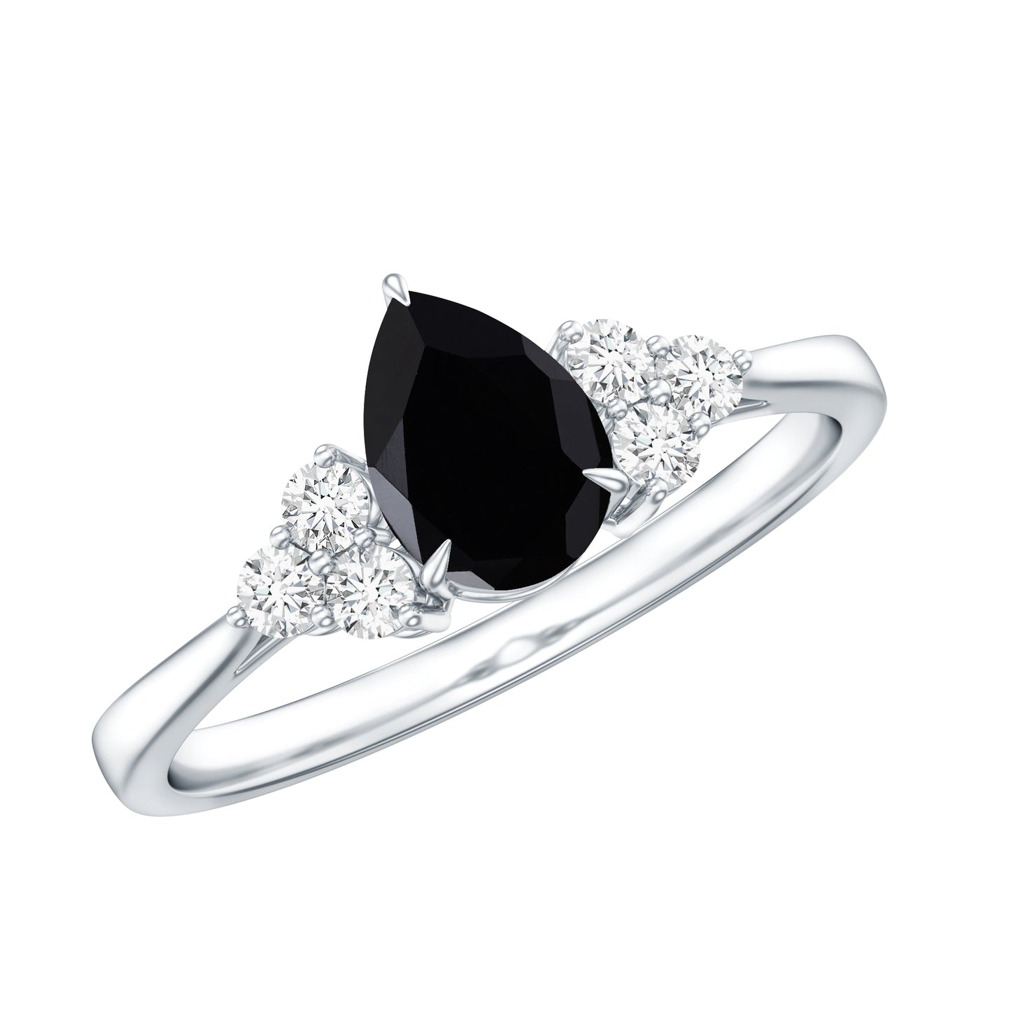 Pear Shaped Black Onyx Engagement Ring with Real Diamond Trio