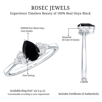 Pear Shaped Black Onyx Engagement Ring with Real Diamond Trio