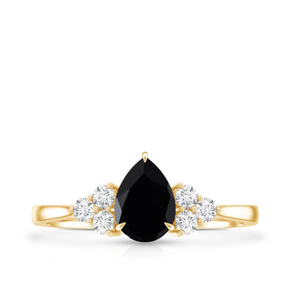 Pear Shaped Black Onyx Engagement Ring with Real Diamond Trio