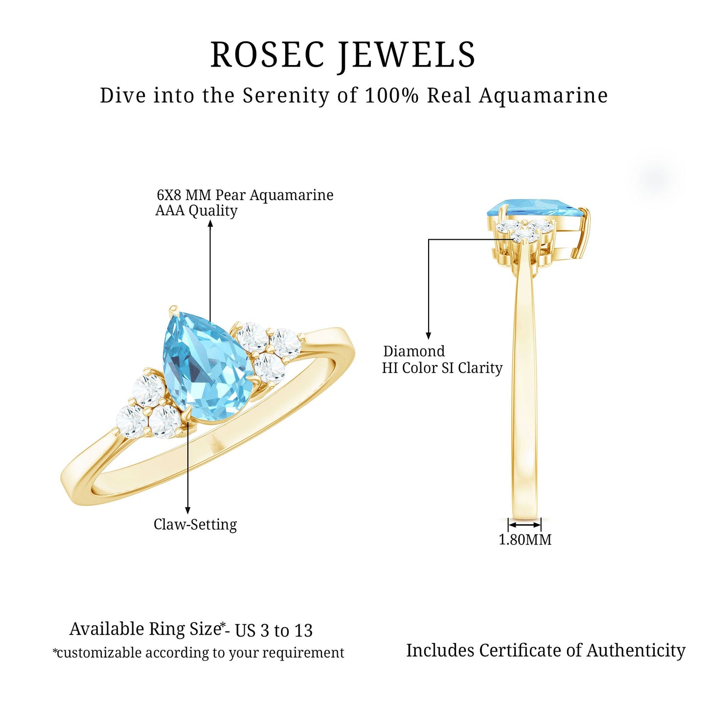 1 Carat Aquamarine Pear Engagement Ring with Diamond Trio