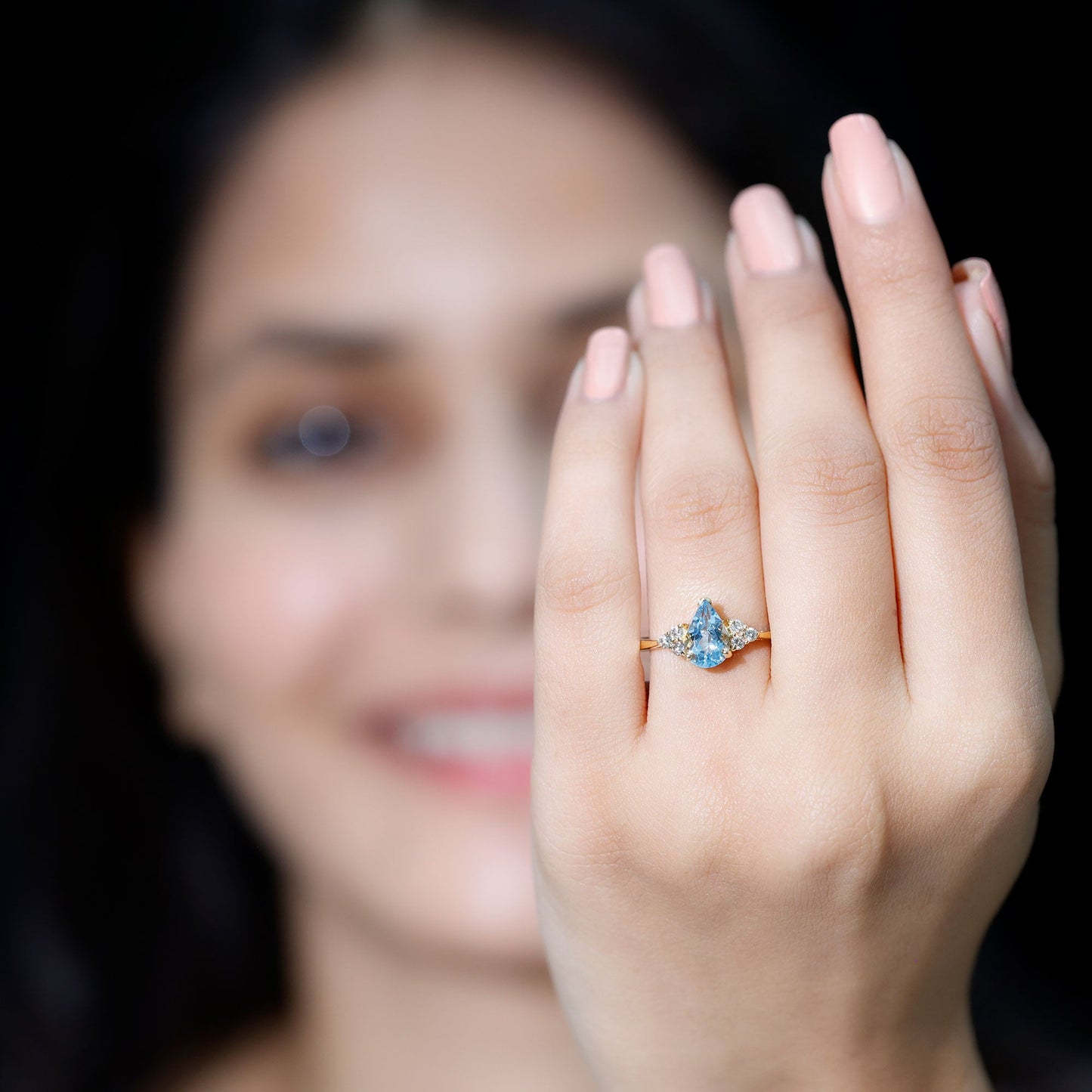 1 Carat Aquamarine Pear Engagement Ring with Diamond Trio