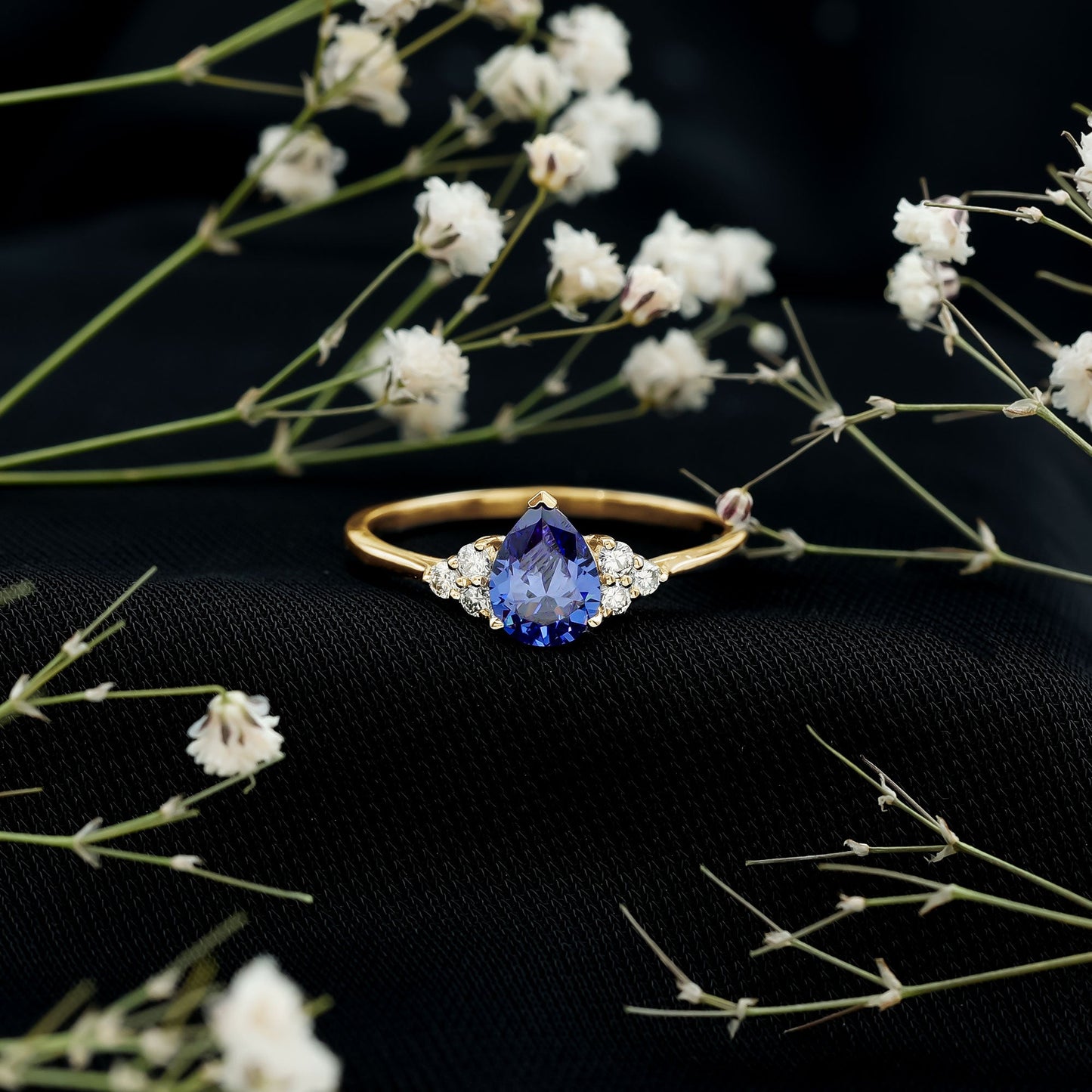 1.6 Carat Lab Blue Sapphire Teardrop Engagement Ring with Diamond Trio