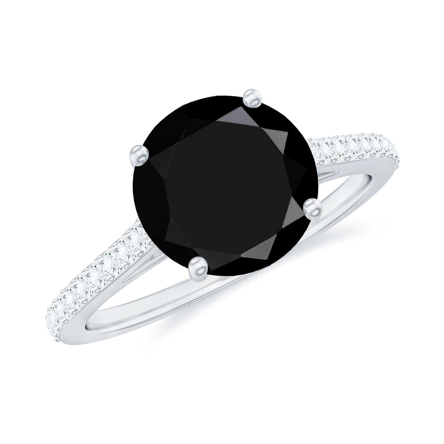 Round Cut Black Onyx Engagement Ring with Diamond Side Stones